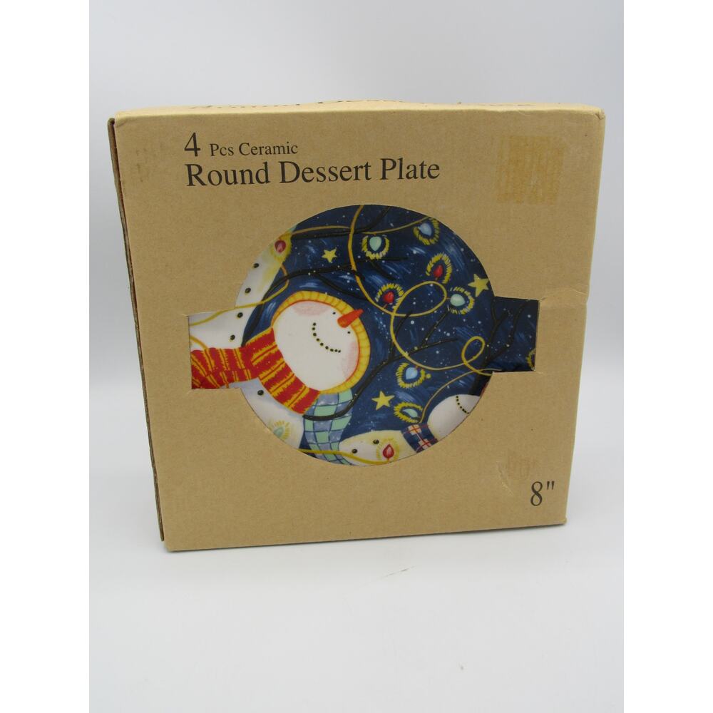 NEW in Box Snowman Dessert Plates 8 Inches Ceramic Round Set of 4 Blue Christmas